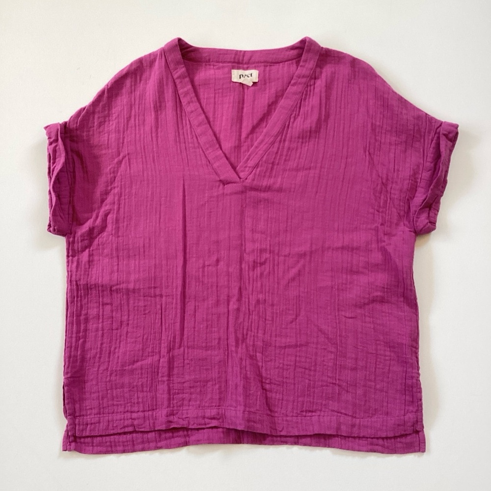 Pact Women's Magenta V-Neck Gauze Short Sleeve Top